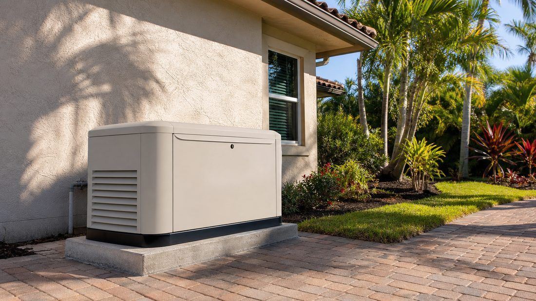 A standby generator on a concrete pad beside a single-story Southwest Florida home.